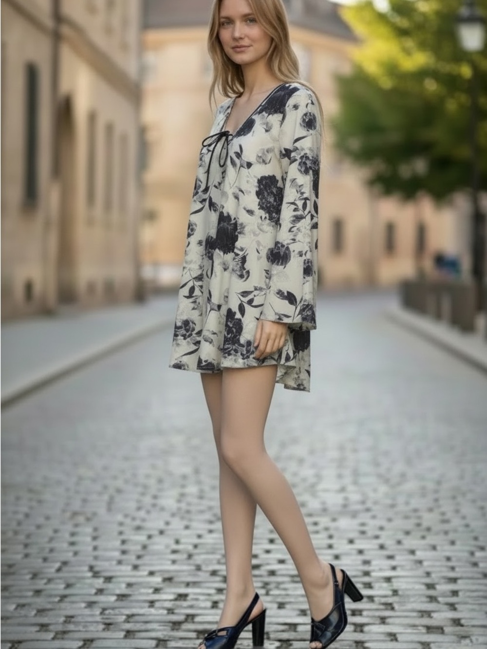 Beulah Cream Tunic Dress with Black Floral Print